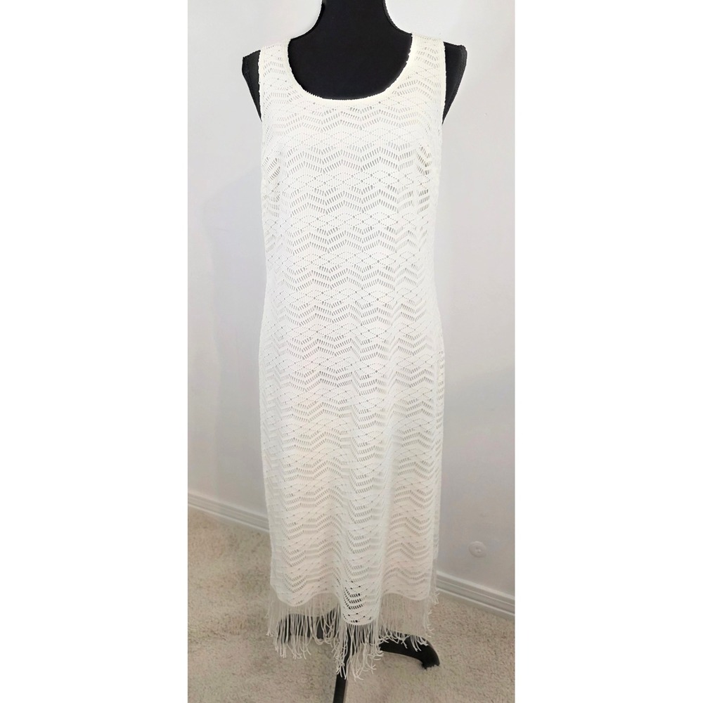 Slinky Brand Cream Crochet Knit Fringe Midi Dress Sleeveless Chevron Small
